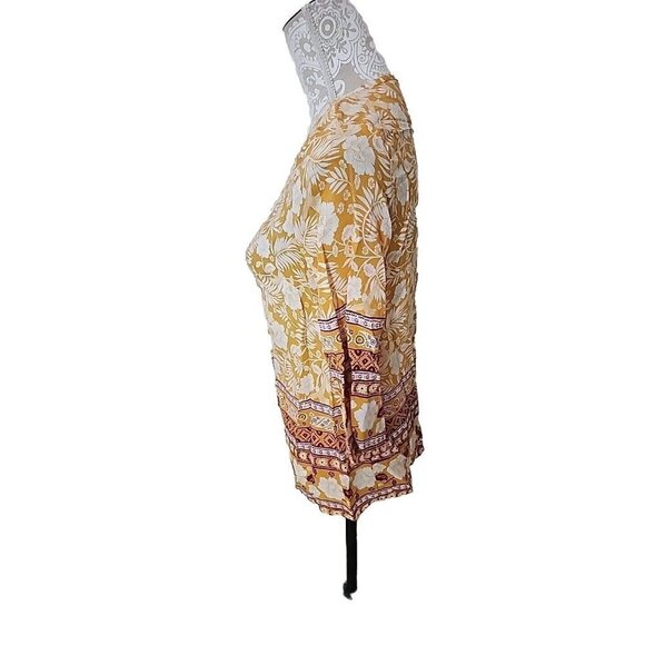 Emery Rose Floral 3/4 Sleeve W/ Birds Boho Top. Gold And Cream. Medium - Picture 9 of 9